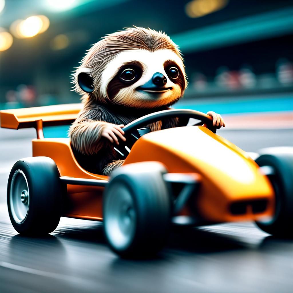 Chibi Sloth Races in Formula 1 Car