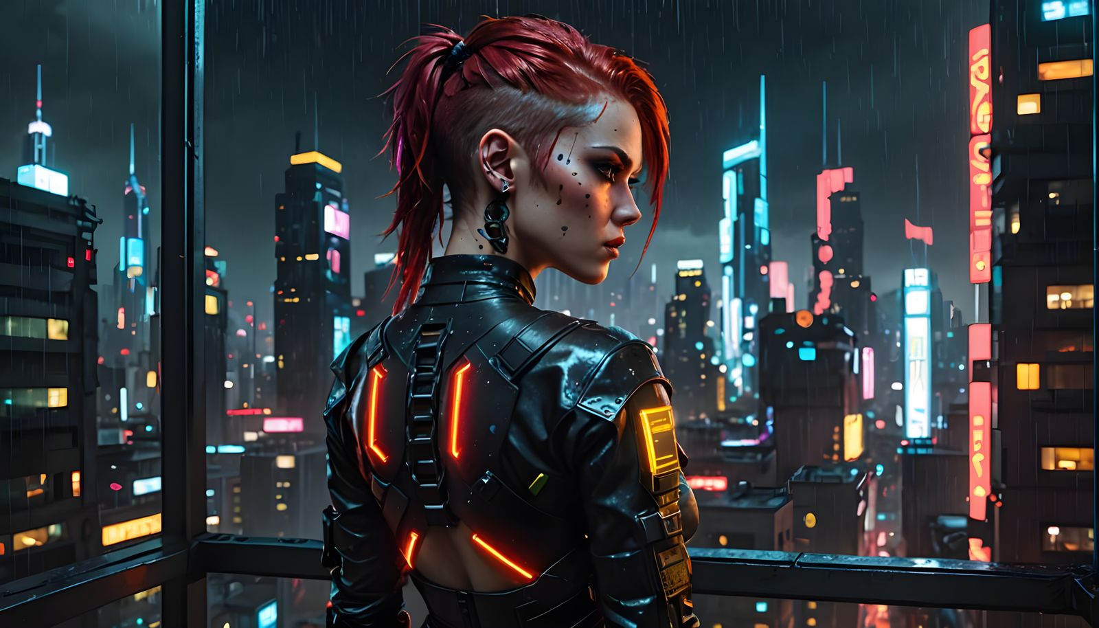 Cyberpunk Girl with Red Hair in Rainy Cityscape