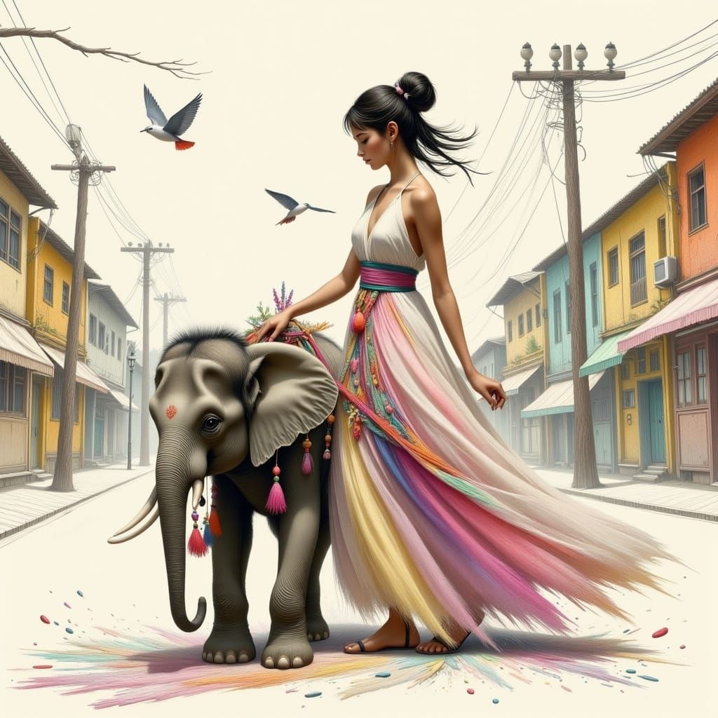 Young Lady Walks Elegant Elephant Down a Surreal Street Scen...