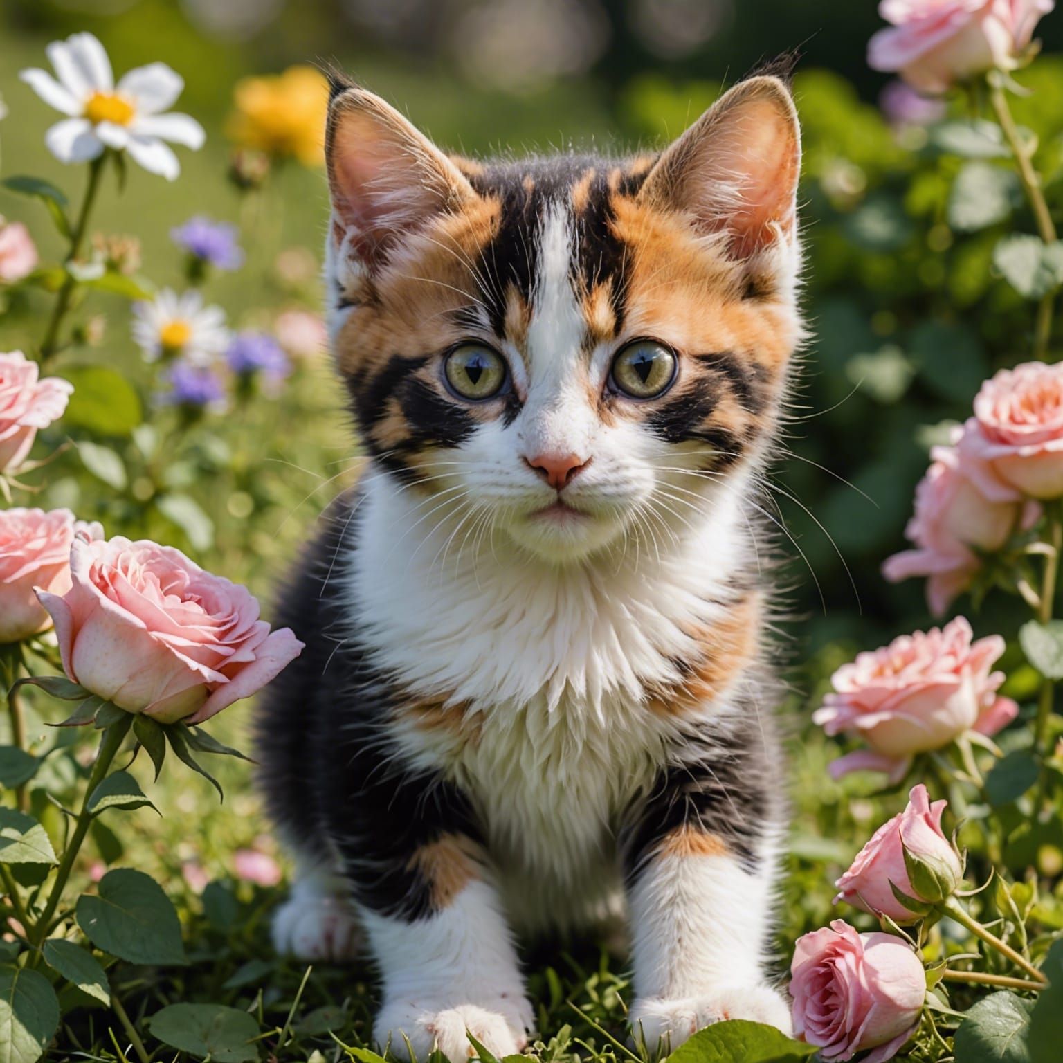 Playful Calico Kitten in a Rose Garden