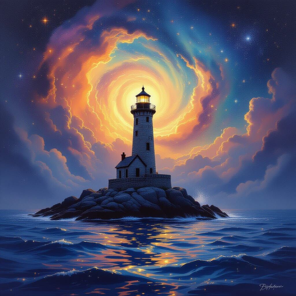 Ancient Lighthouse in Nebula as Ethereal Watercolor