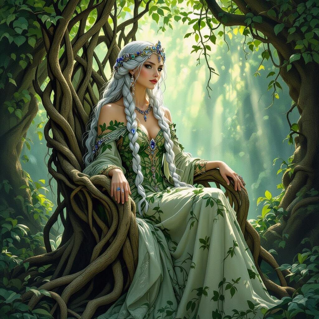 Regal Queen on Root Throne, Art Nouveau Style