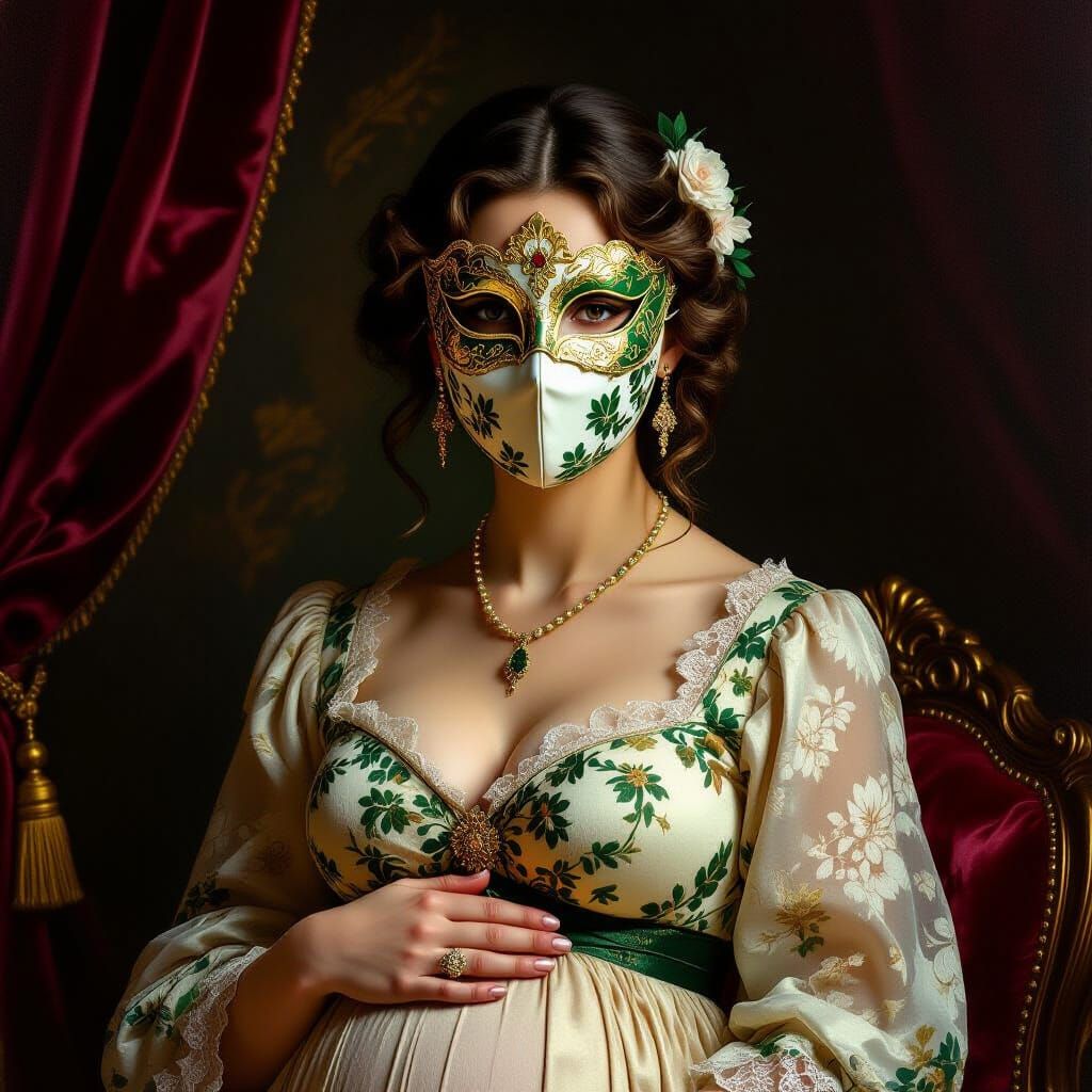 Pregnant Woman in Ornate Mask, Pre-Raphaelite Style