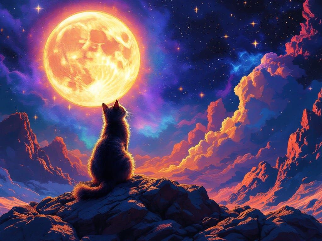 Majestic Cat Contemplates Celestial Beauty in Dreamlike Oil ...