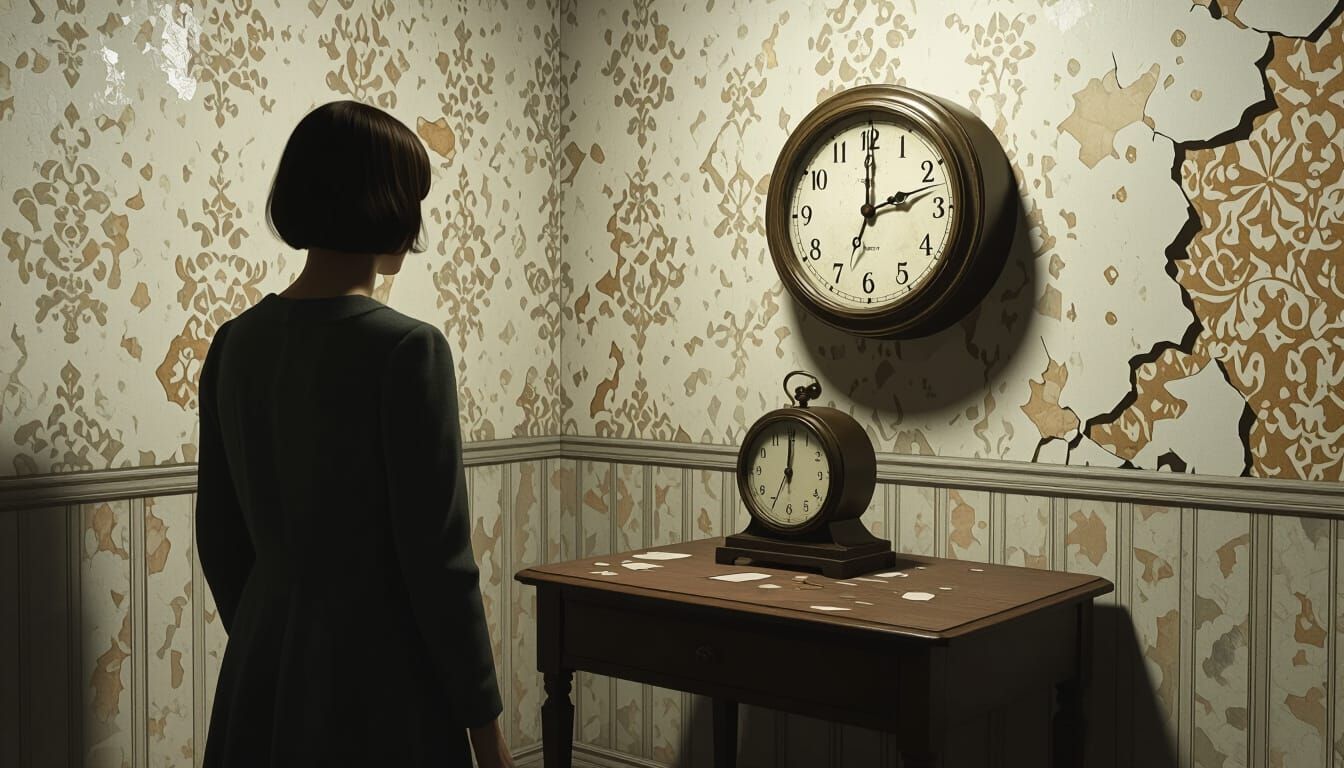 Surreal Room with Frozen Clock, Digital Art