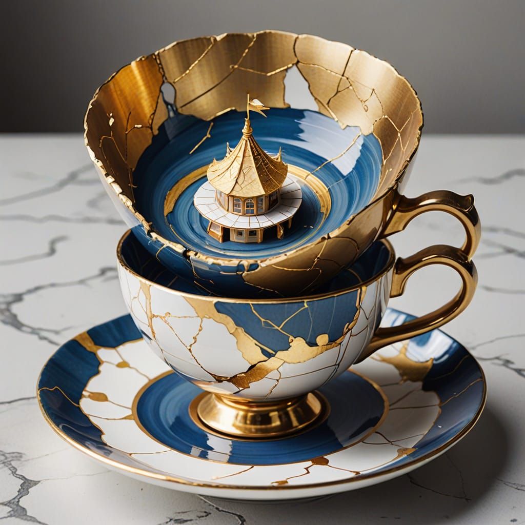 Kintsugi Teacup Amusement Park in Watercolor Style