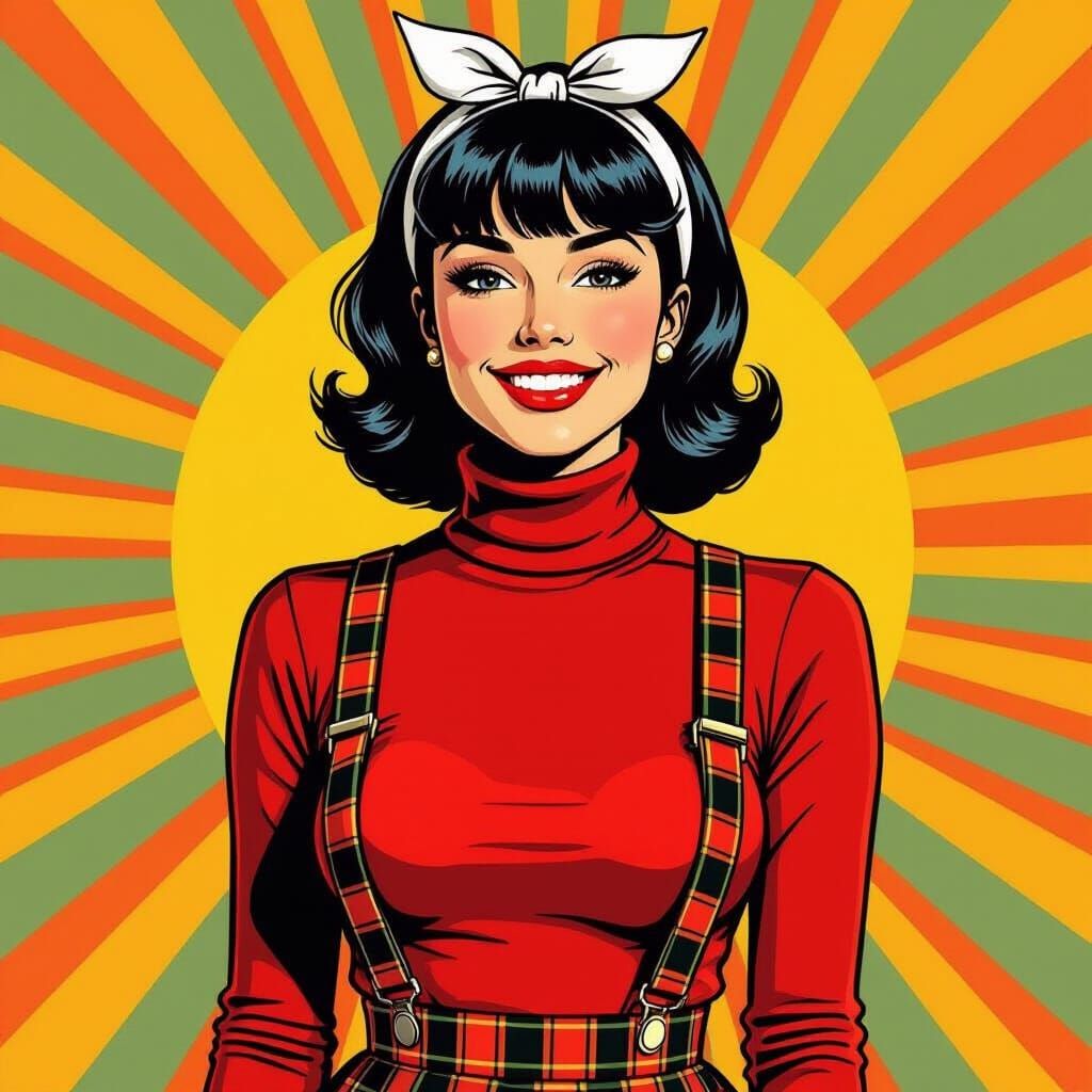 Pop Art Woman in Red Turtleneck and Plaid Skirt