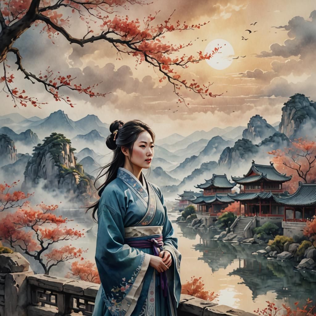 Serene Chinese Woman in Watercolor Landscape
