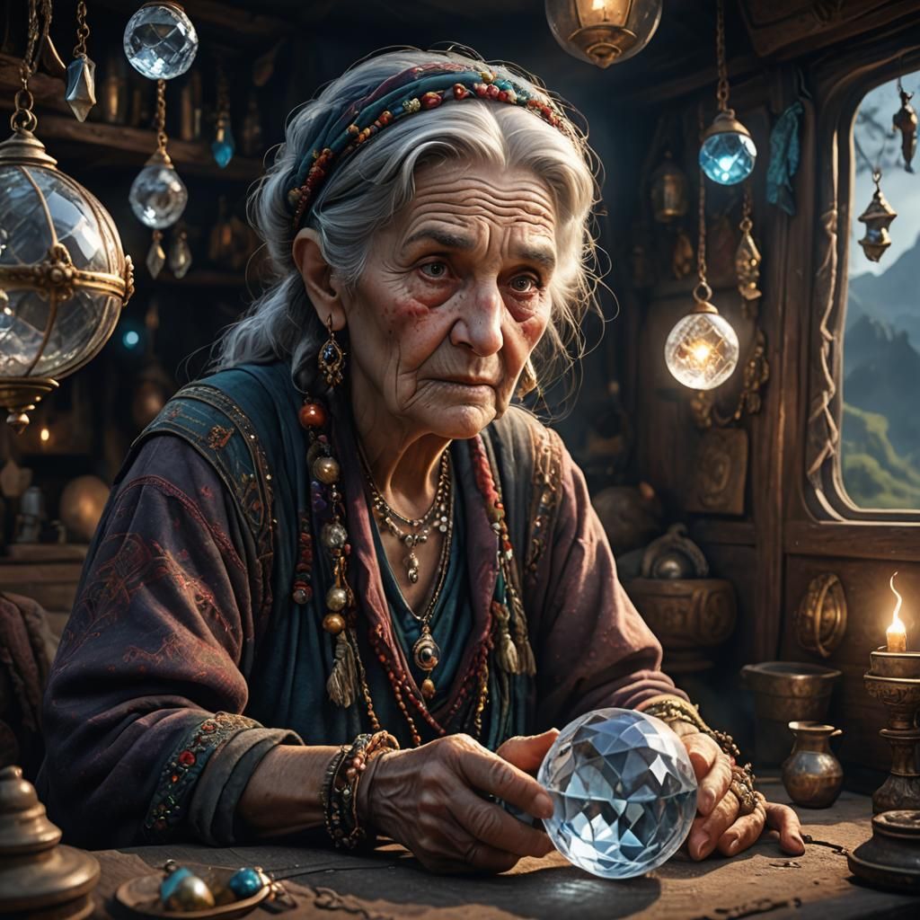 Old Gypsy Woman Gazing into Crystal Ball