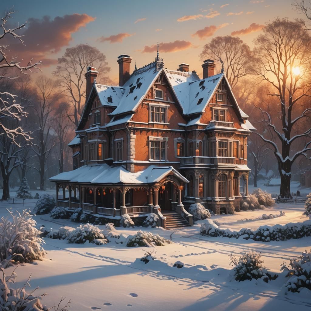 Snowy Manor House at Sunset in Hyperrealistic Style