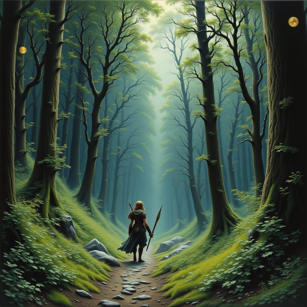 Elven Ranger Stalking Enemy in Woods