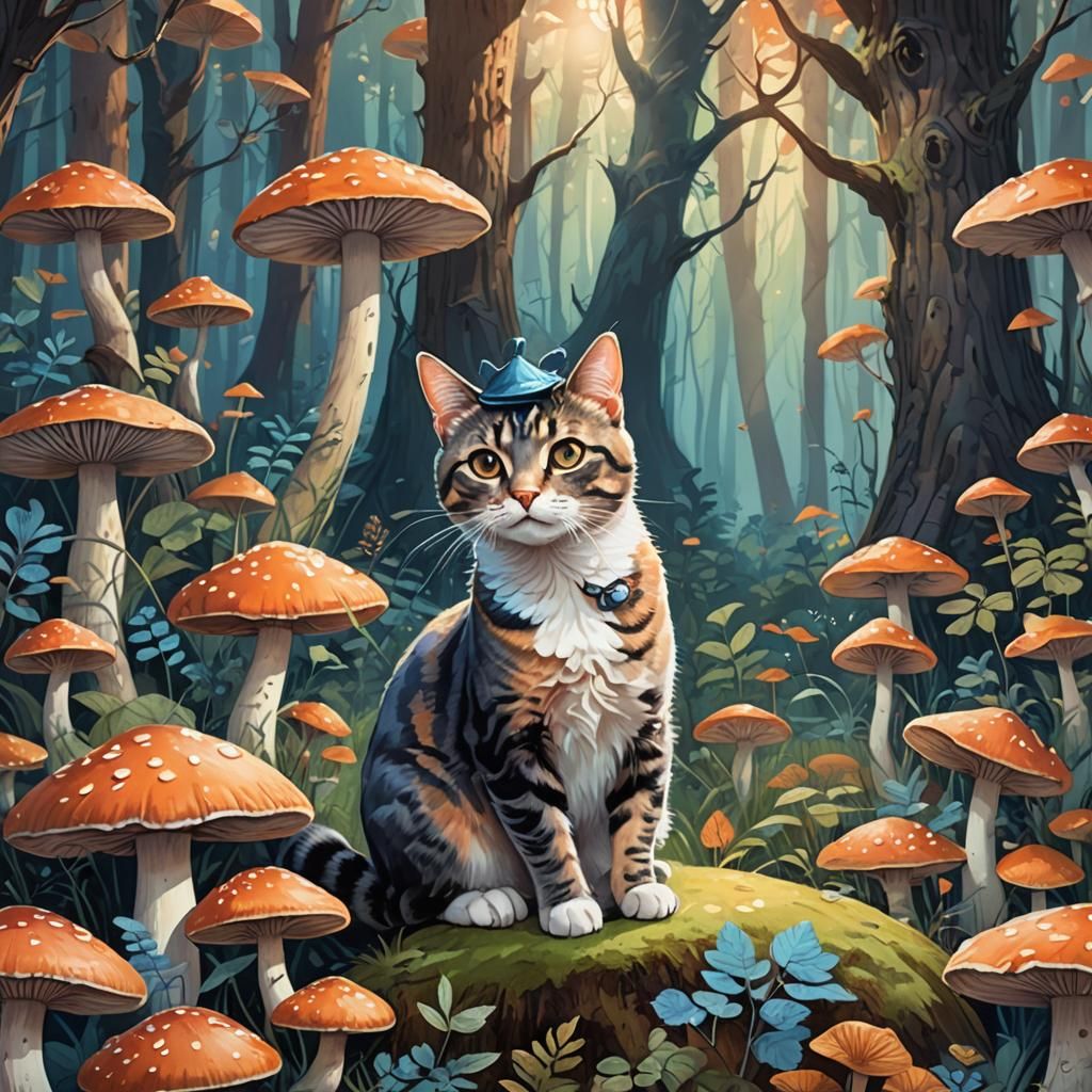Cat on Mushroom in Mystical Forest, Art Nouveau