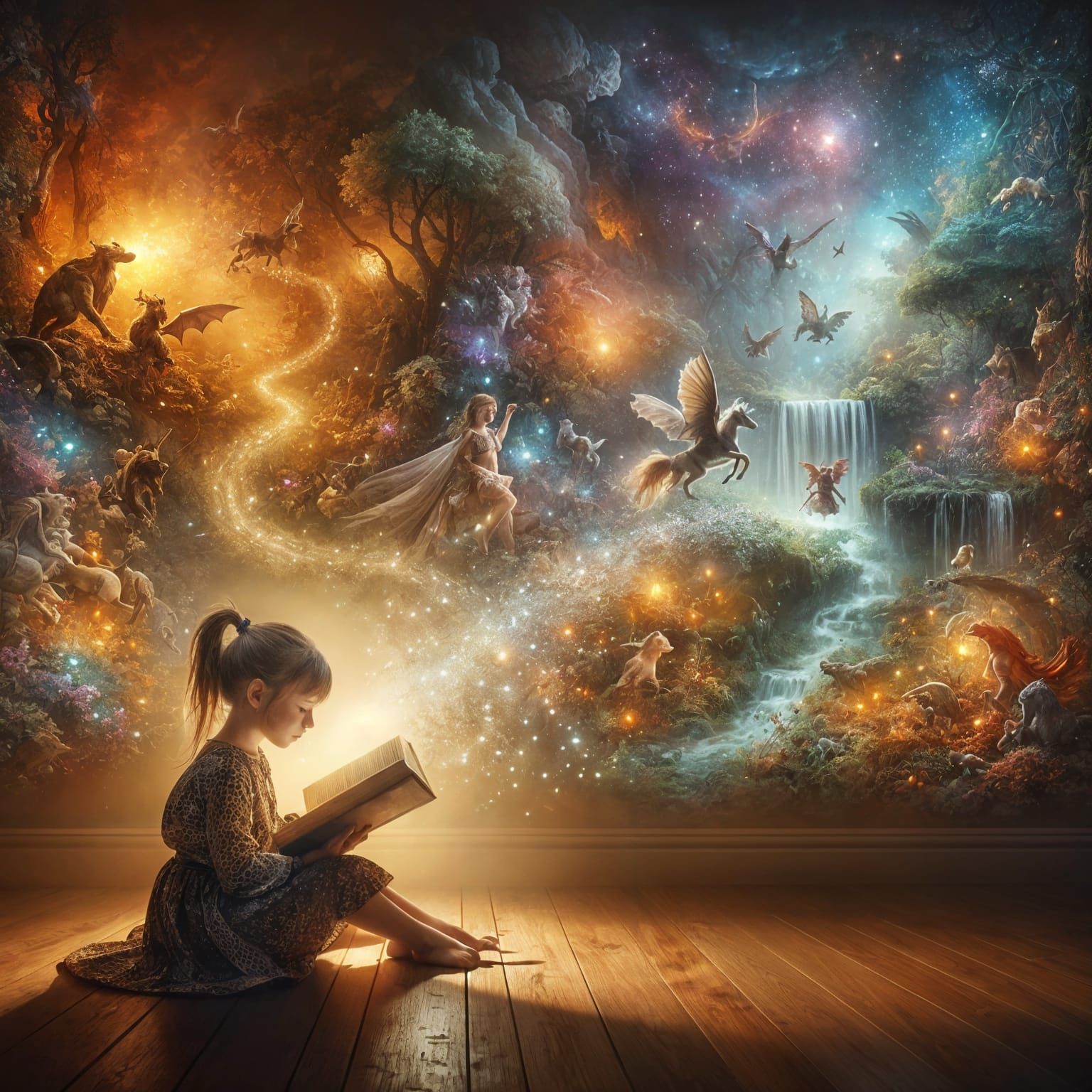 Mystical Whimsy Unfolds in a Small Girl's Dream Realm