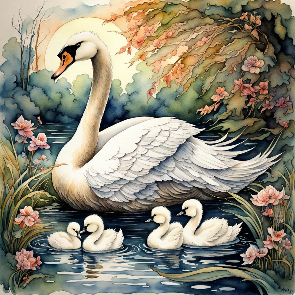 Swan with Cygnets in Watercolor Style