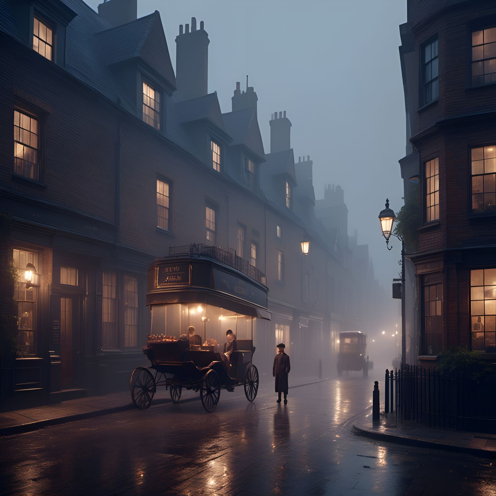 Misty London Street Scene in Vintage Animation Style