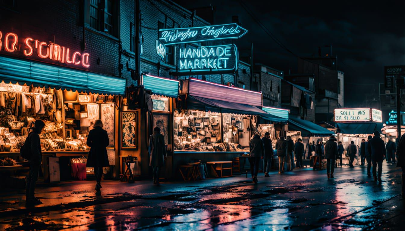 Vibrant Night Market Scene in Retro Neon Style