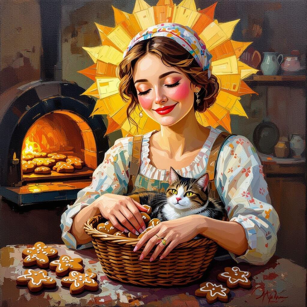 Loving Mother with Cat and Dreams in Maximalist Impressionis...