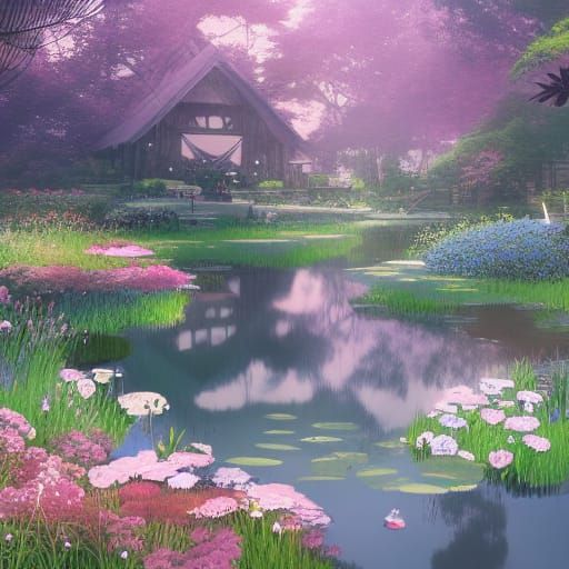 Nature Flower Grove with Pond, Studio Ghibli Anime