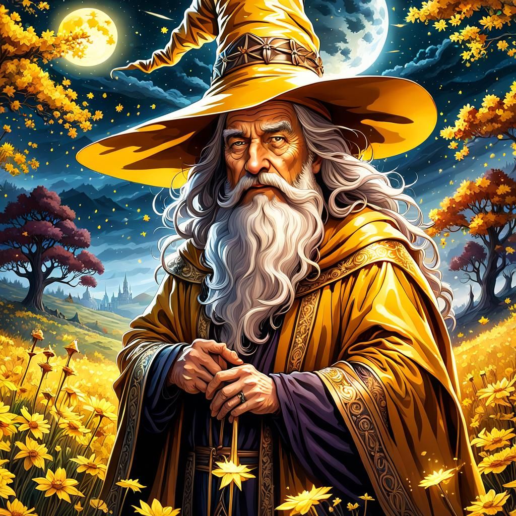 Gothic Wizard in Autumn Meadow, Digital Illustration
