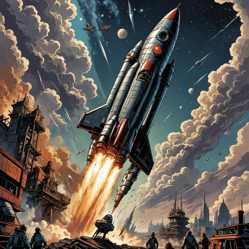 Retro-Futuristic Rocket in Comic Book Art Style