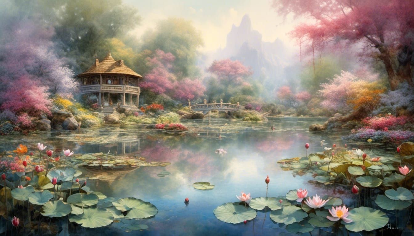 Lotus Pond: Bright Watercolor Fantasy