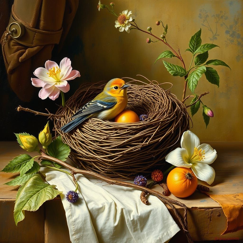 Still life with a bird's nest and primrose