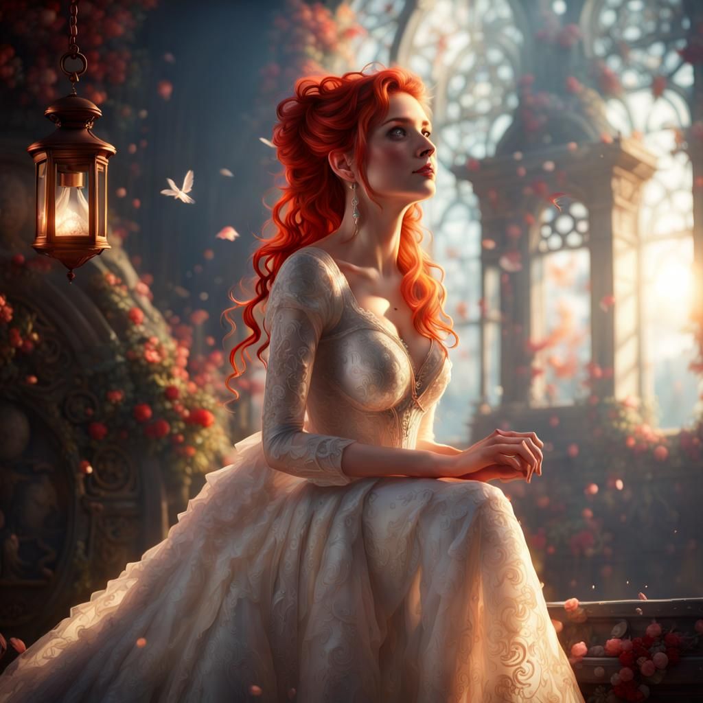 Ethereal Red-Haired Bride in a Fantasy Landscape