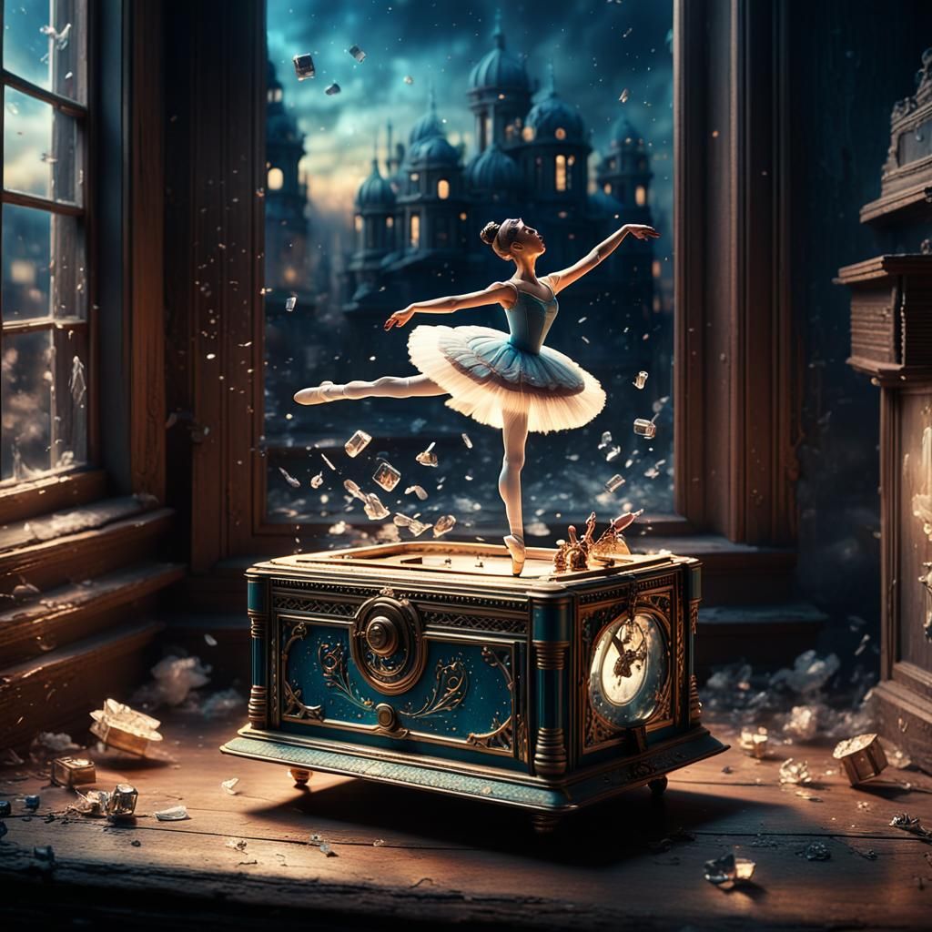 Dramatic Music Box with Ballerina in Surreal Twilight