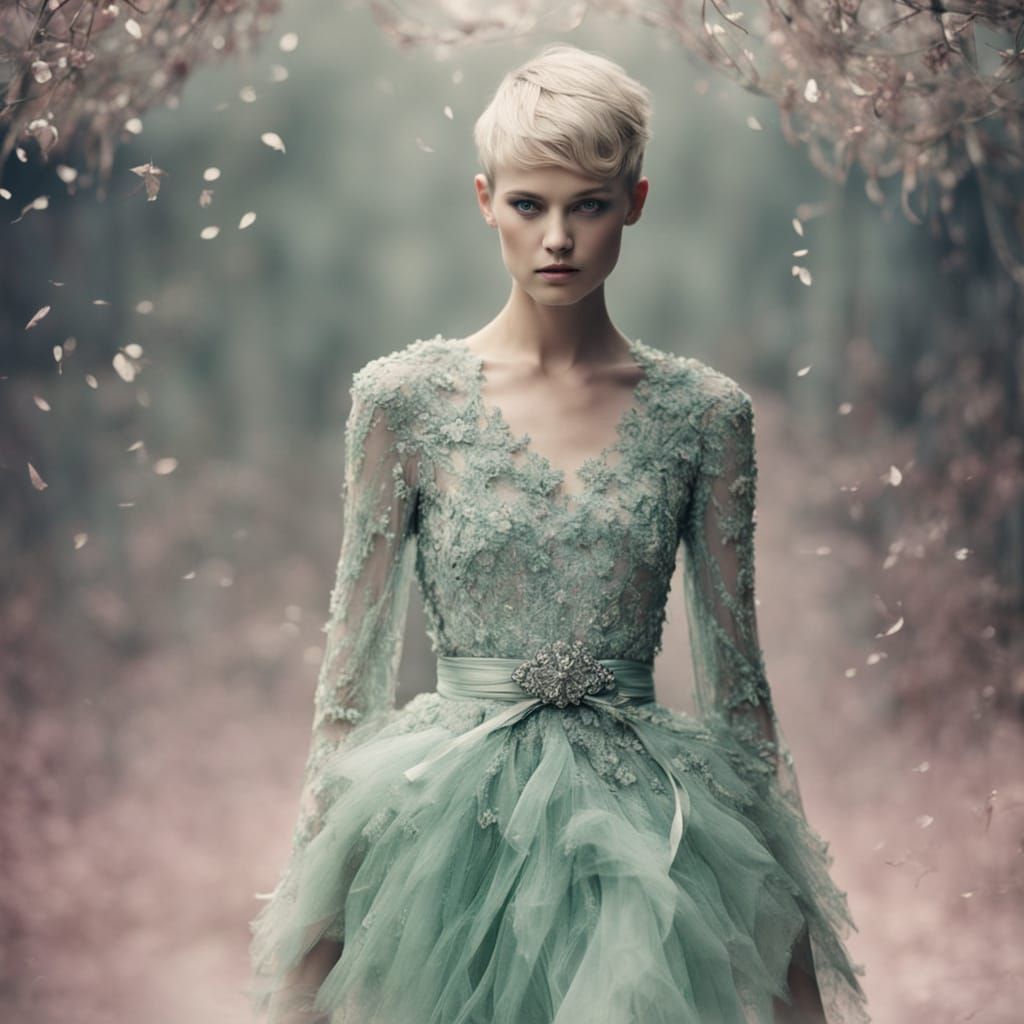 Female model with pale pink undertones, pixie cut dyed seafo...