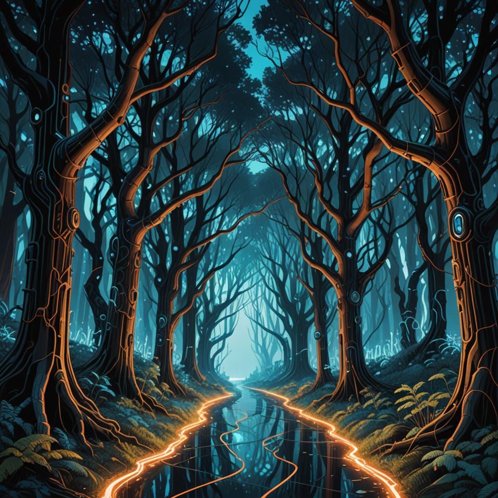 Cyberpunk Forest in Shimmering Blue Hues