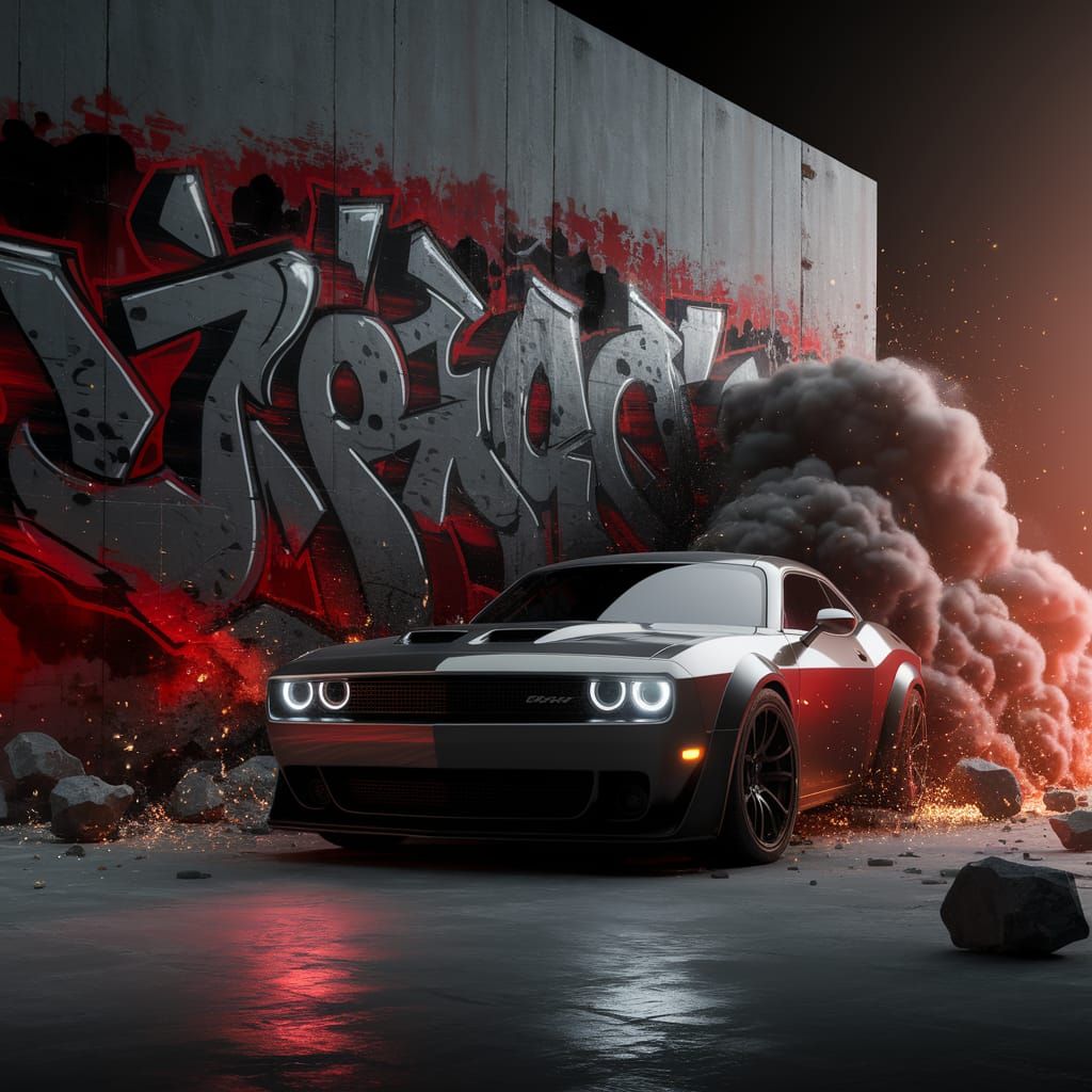 Muscle Car Bursts Through Graffiti Wall