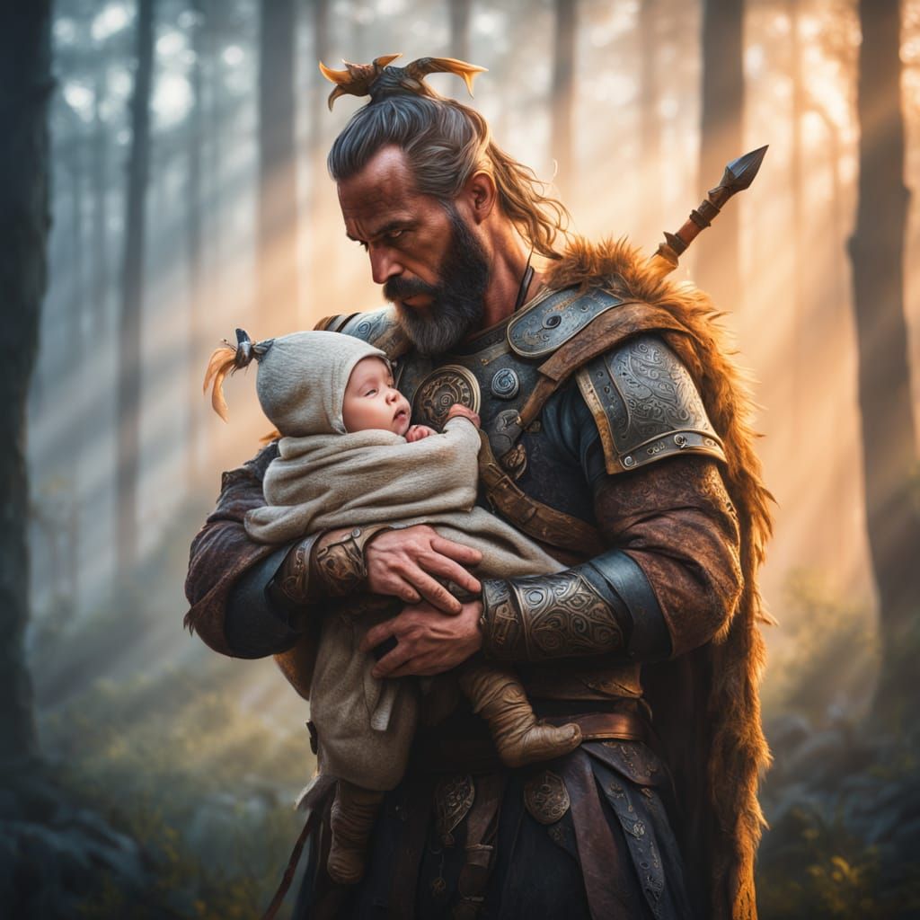 Viking Warrior Cradles Baby in Serene Misty Forest