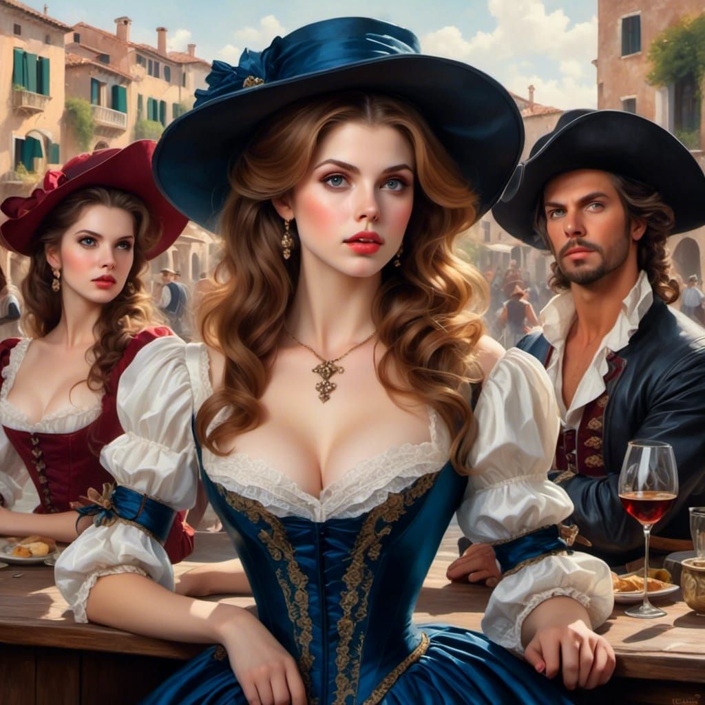 Anna Kendrick as Musketeer in Venice, Hyperdetailed Portrait