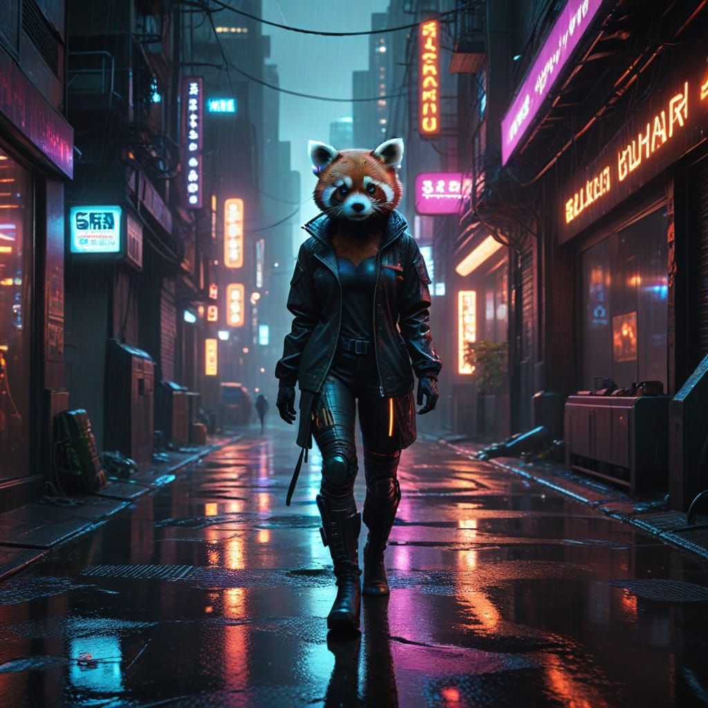 Red Panda Hacker in Neon Cyberpunk City
