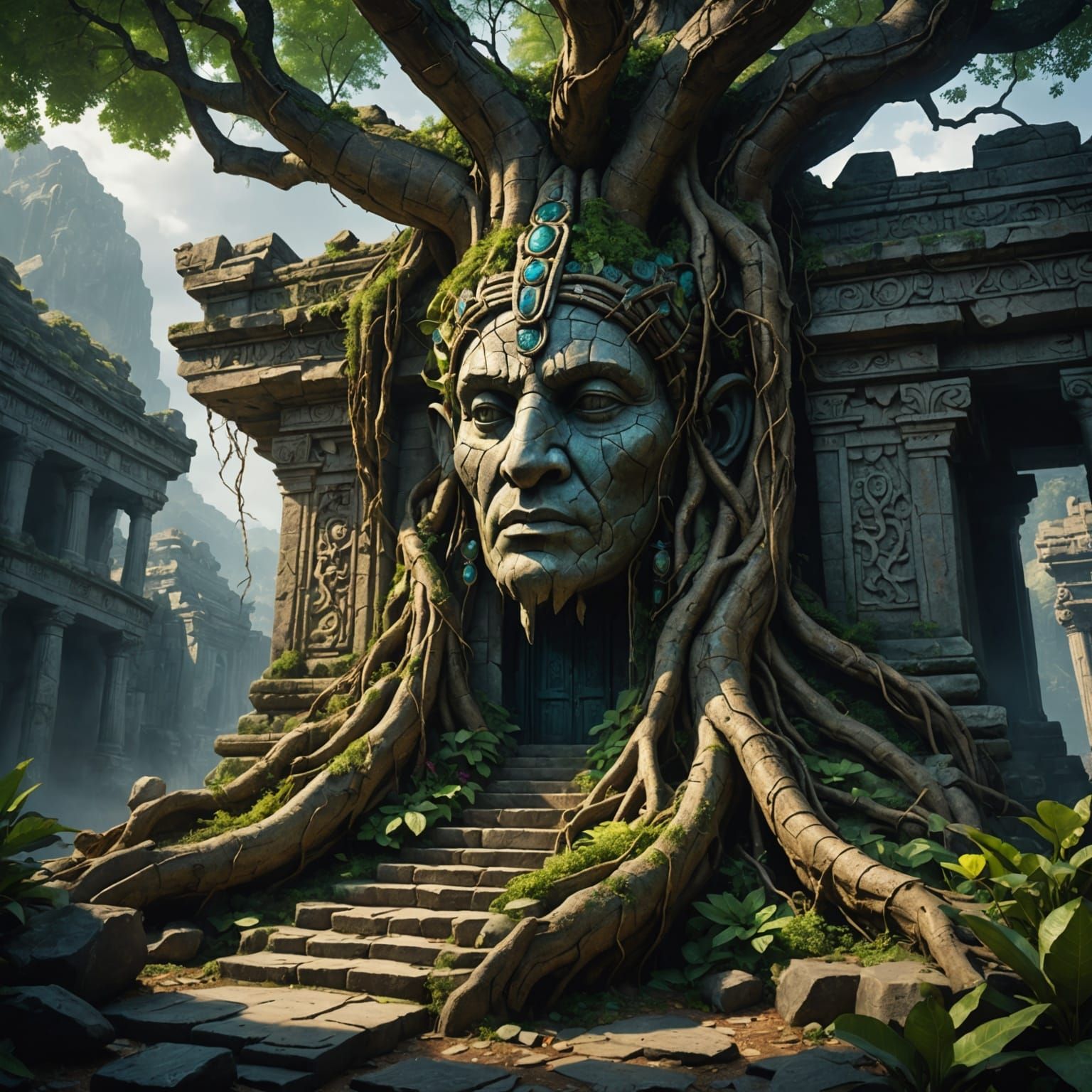 Temple Ruins Reclaimed by Nature: Hyperrealistic Art