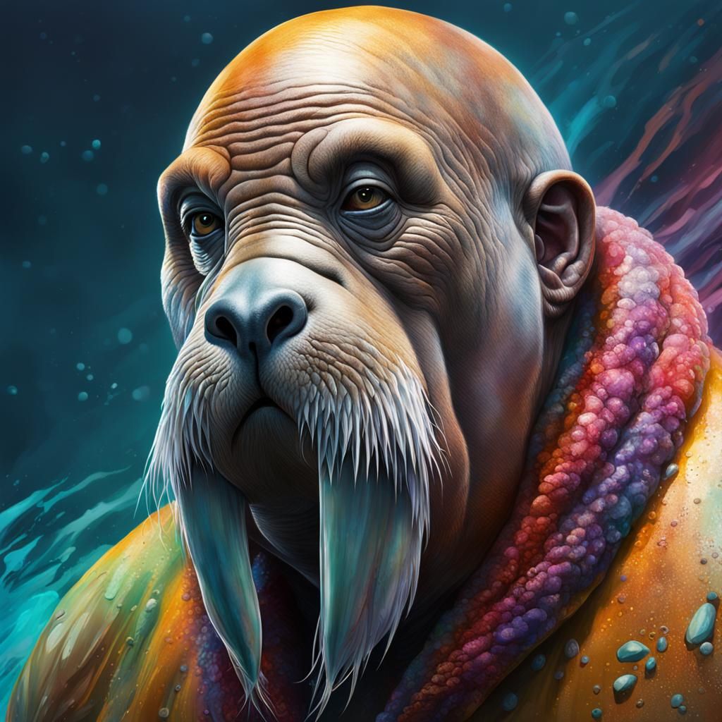 Hyperrealistic Walrus Woman in Colorful Splash Art