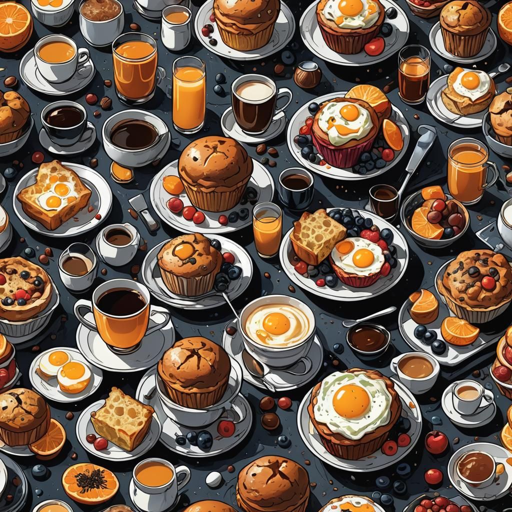 eggs, muffin, coffee, fruit, orange juice