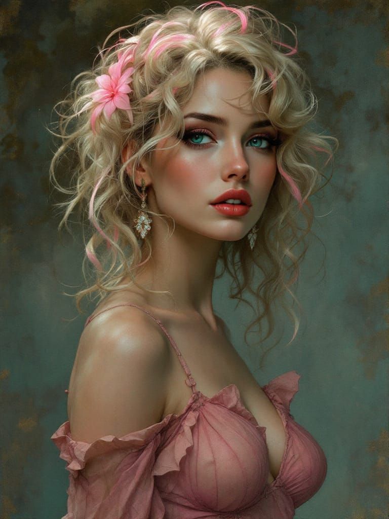 Blond Pin-Up Woman with Pink Hair in Neon Future