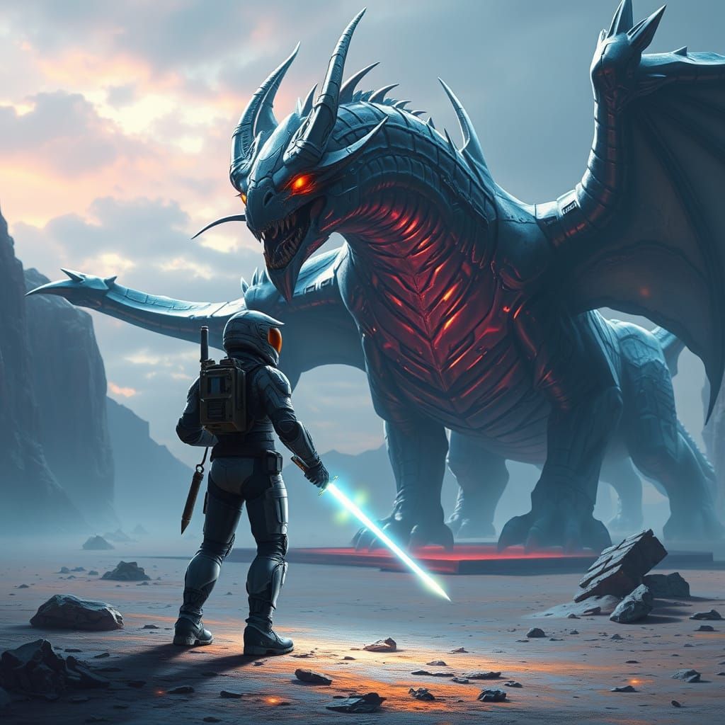 Astronaut Confronts Dragon on Alien Planet