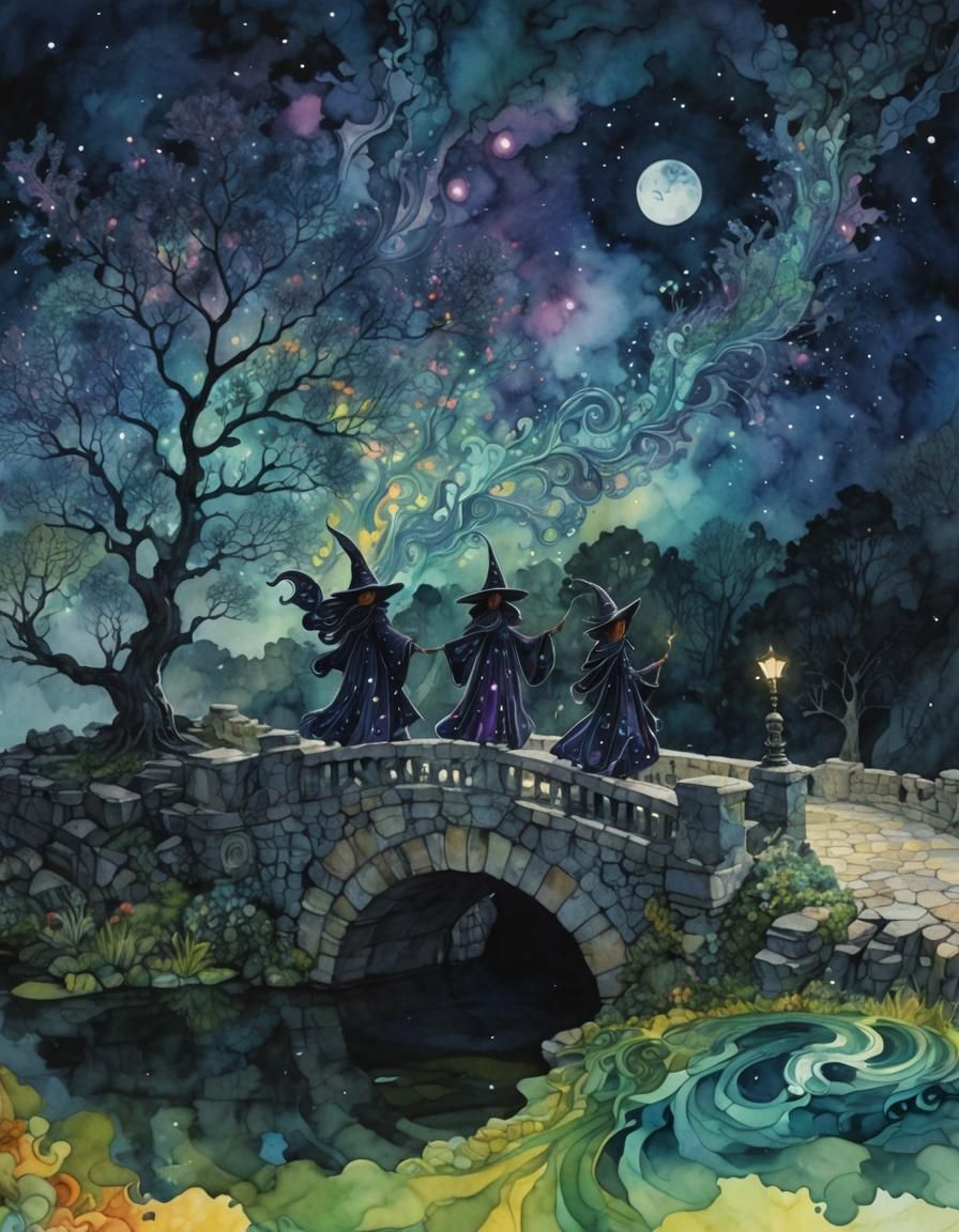 Three Witches on a Bridge in Watercolor Abstract