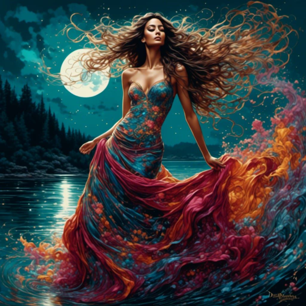 Moonlit Woman in Flowing Gown, Graffiti Art Style