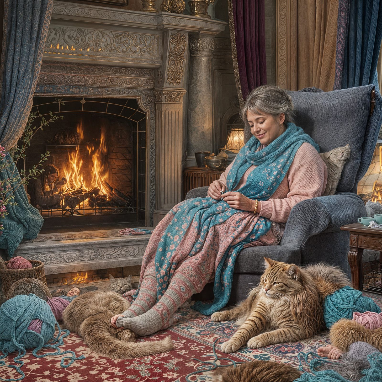 Woman Knitting by Cozy Fireplace in Whimsical Oil Painting S...