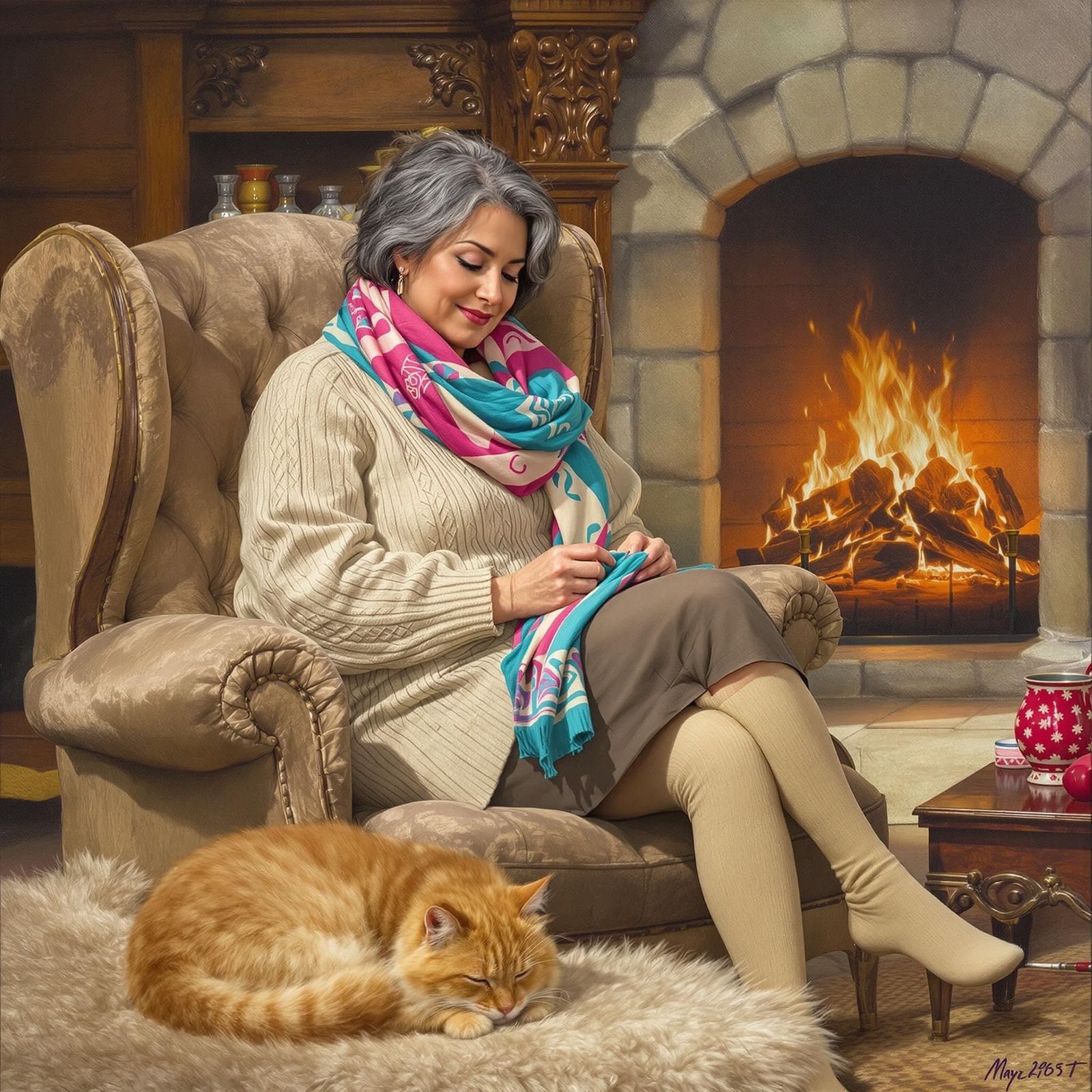 Cozy Afternoon with a Knitting Woman in a Warm Fireplace Set...