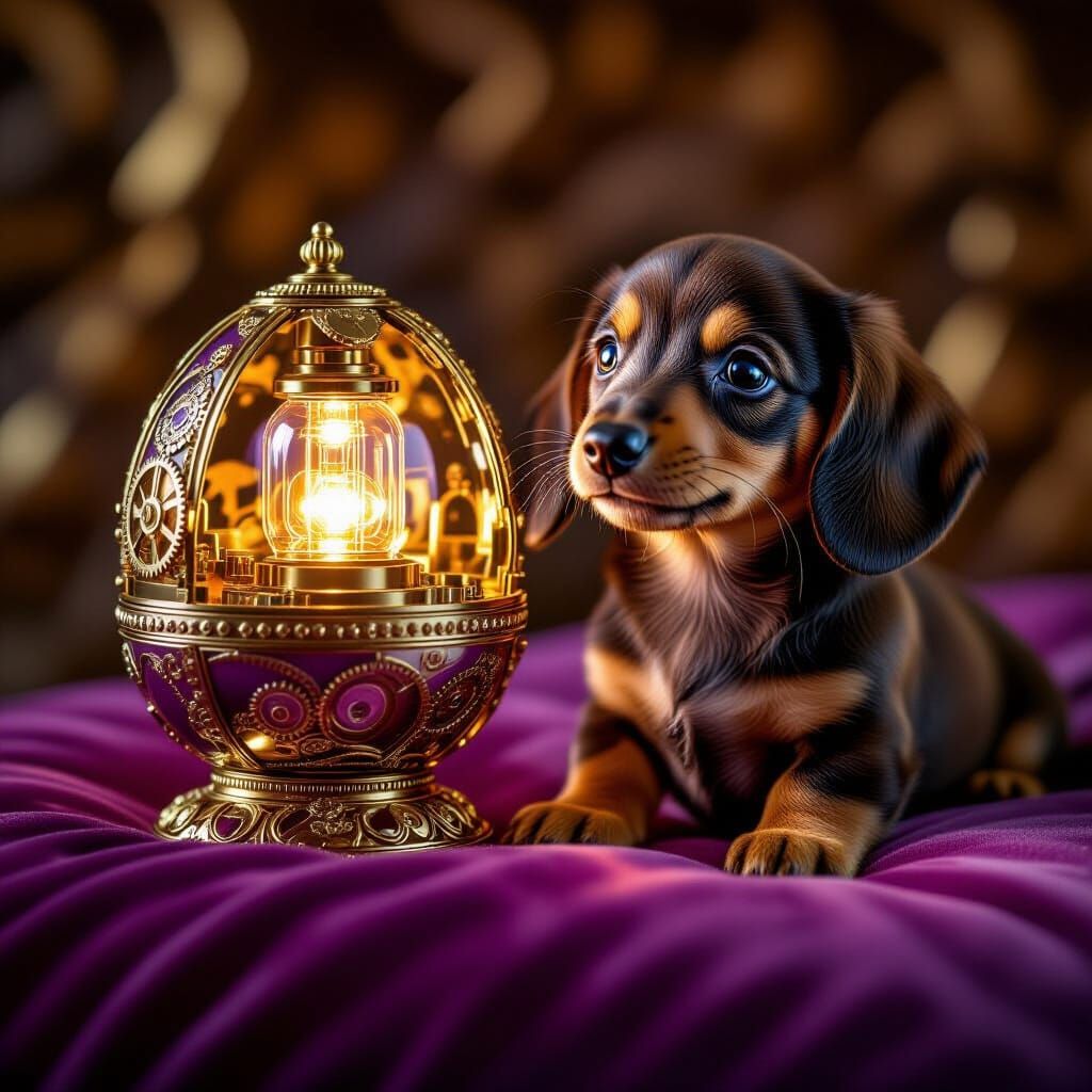 Dachshund Puppy Gazes at Steampunk Fabergé Egg
