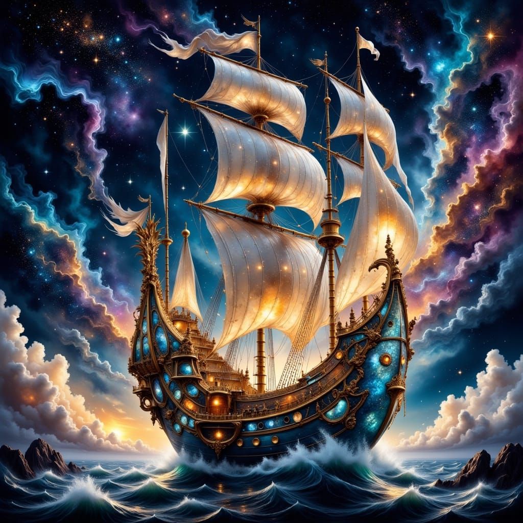 Crystal Galleon Sailing Through Cosmos as Surreal Dream