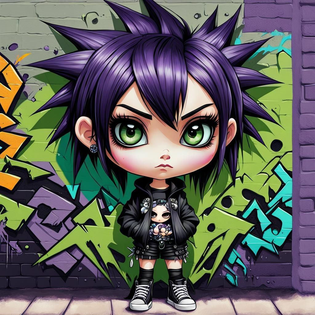 Adorable Chibi Goth Punk Girl Graffiti Art