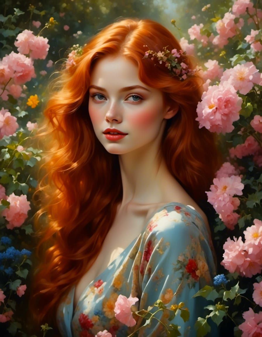 Redhead in Flower Garden Portrait