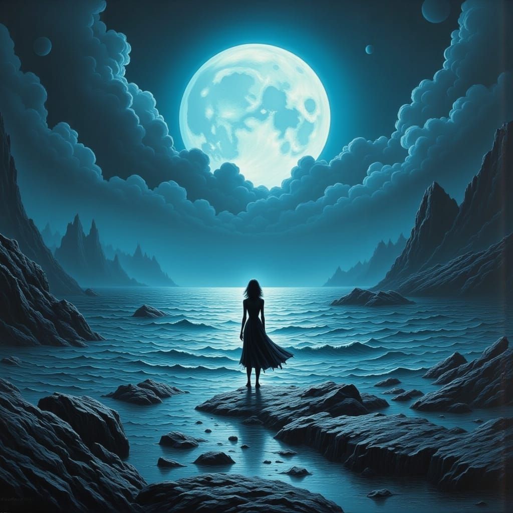 Ethereal Woman on Moonlit Coastline in Dreamy Style