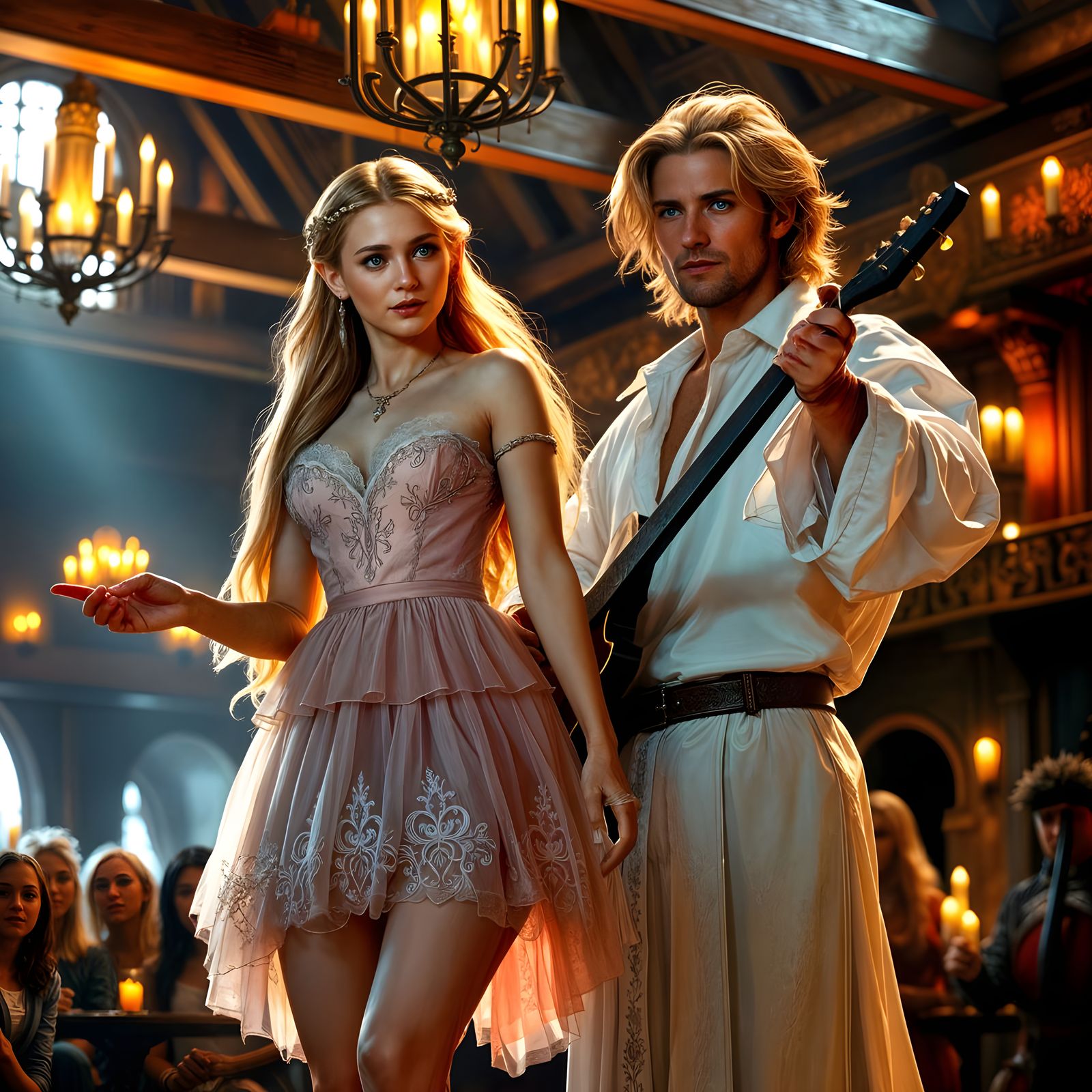 Half-Elven Bard and Human Performer on Stage