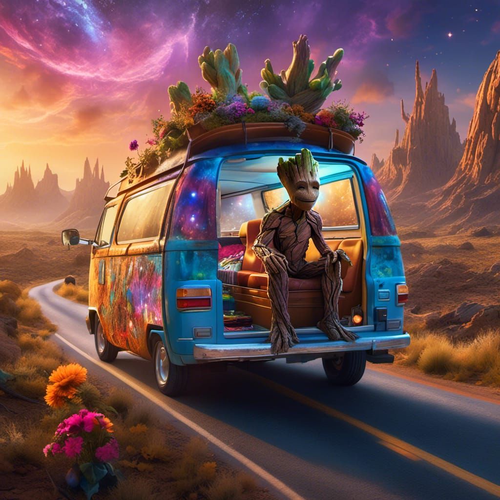 Groot's Cosmic Adventure in a Hippie Van